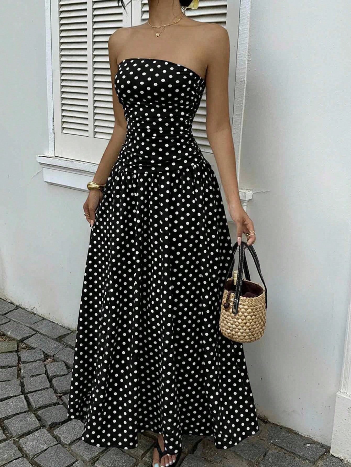 Elegant Polka-dot Off-shoulder Dresses Solid Color Strapless Lady High-waist Robe Commuting Party Business Beach Holiday Outfit-AURA REGALIA 