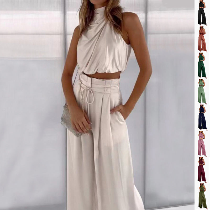 Summer Suits Casual Sleeveless Midriff-baring Top And Wide Leg Pants 2pcs Set Womens Clothing-AURA REGALIA 