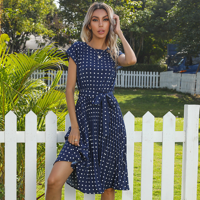 Summer Women Polka Dot Short Sleeve Dress Casual Bandage Party Pleated Midi Dresses Elegant Green Office Lady Clothing-AURA REGALIA 