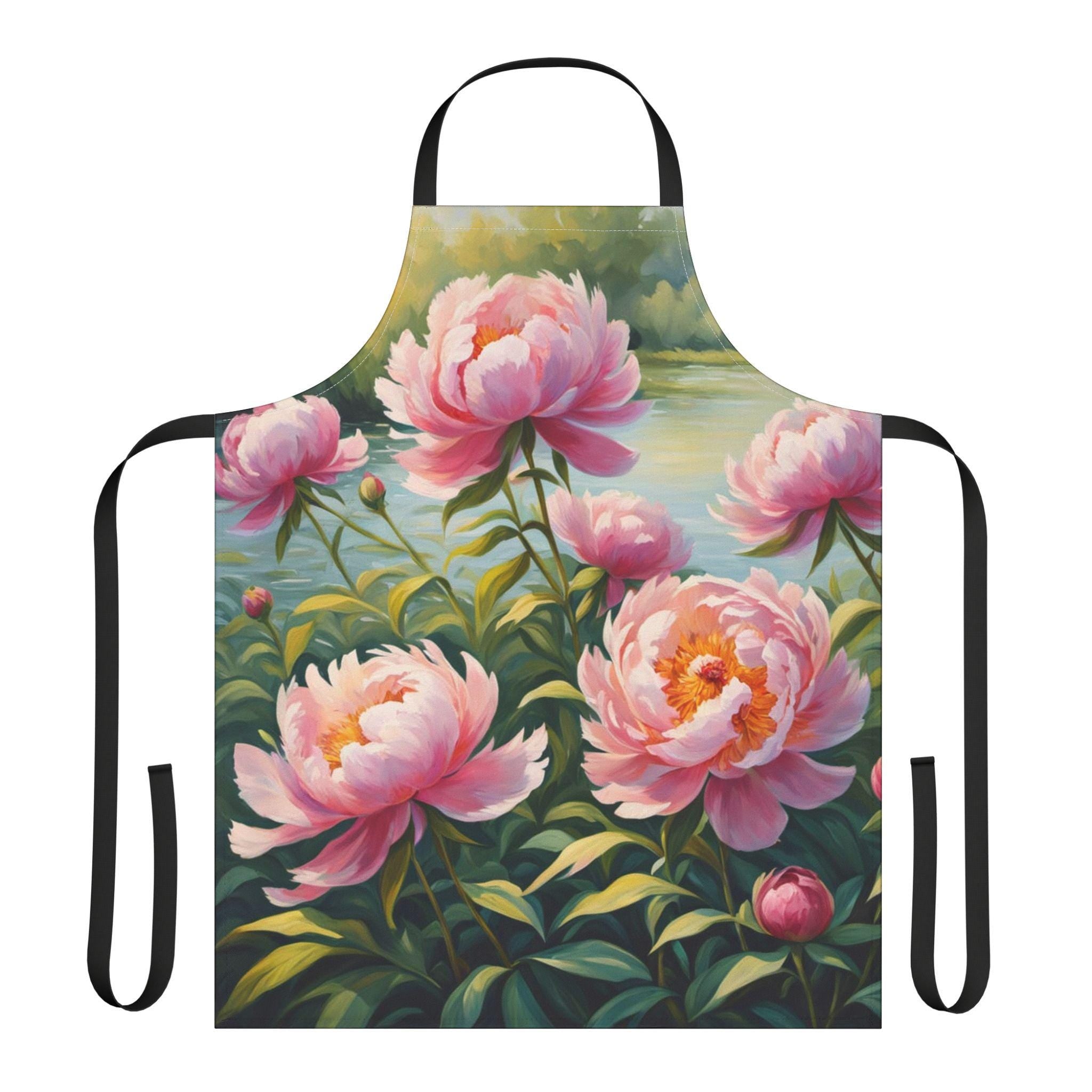 Pink Peonies Floral Apron | Garden Flowers Painted Bloom Kitchen