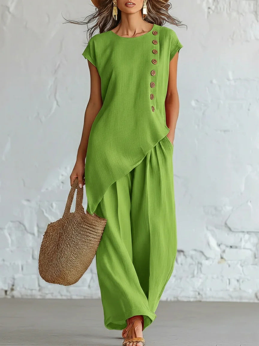 Womens Solid-Color Crew-Neck Buttoned Short-Sleeve Wide-Leg Pants Set-AURA REGALIA 