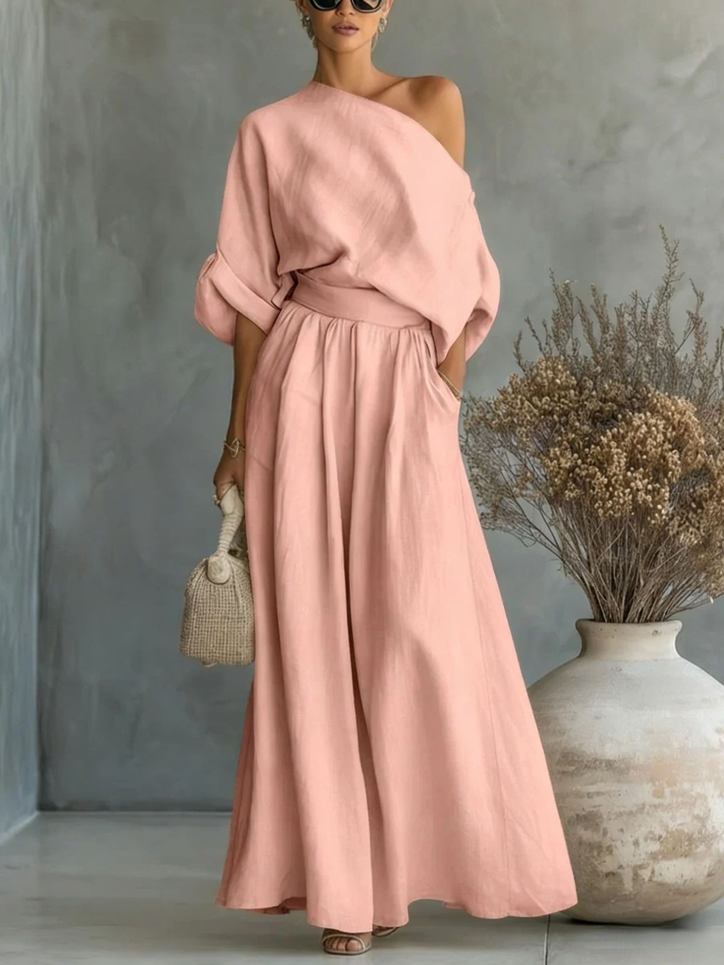 Cropped Off-shoulder Top And Pants Two-piece Set-AURA REGALIA 