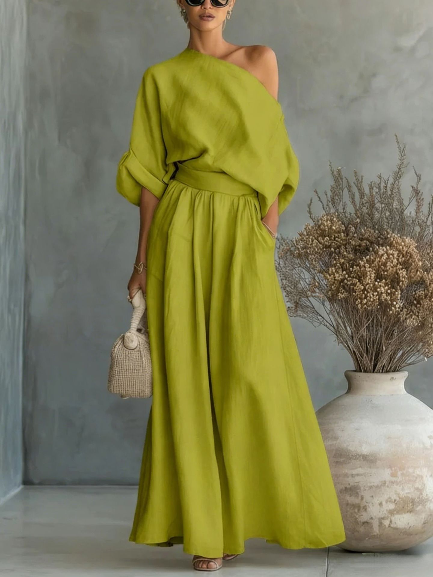 Cropped Off-shoulder Top And Pants Two-piece Set-AURA REGALIA 