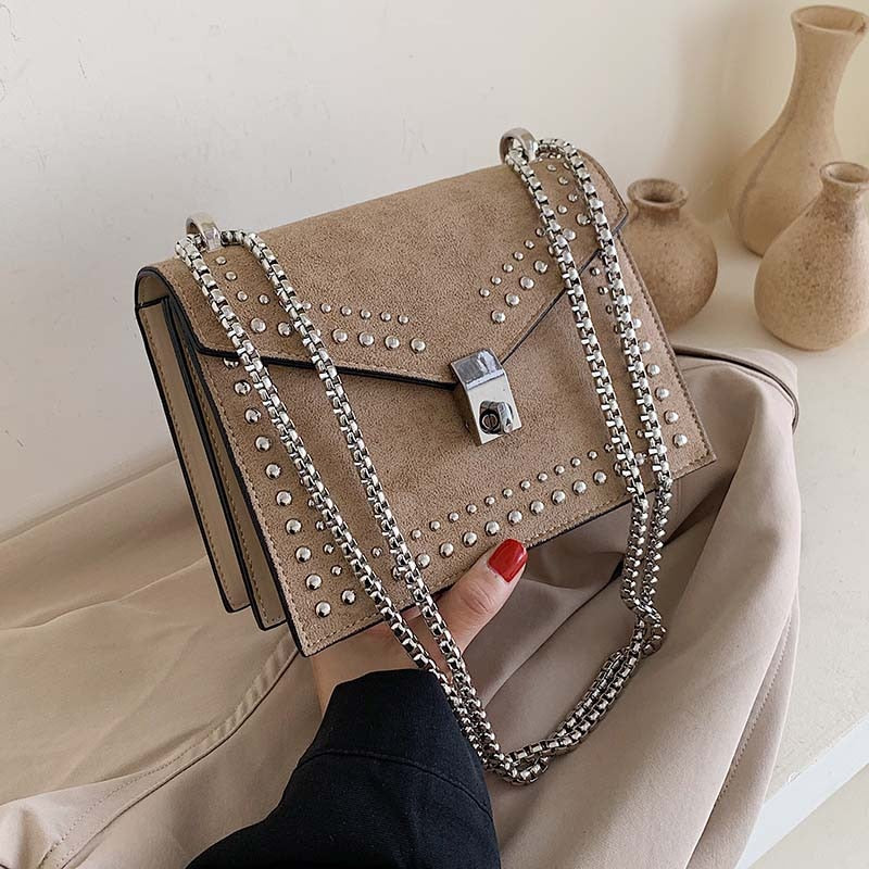 Scrub Leather Brand Designer Shoulder Simple Bags For Women Chain Rivet Luxury Crossbody Bag Female Fashion Small Handbags-AURA REGALIA 