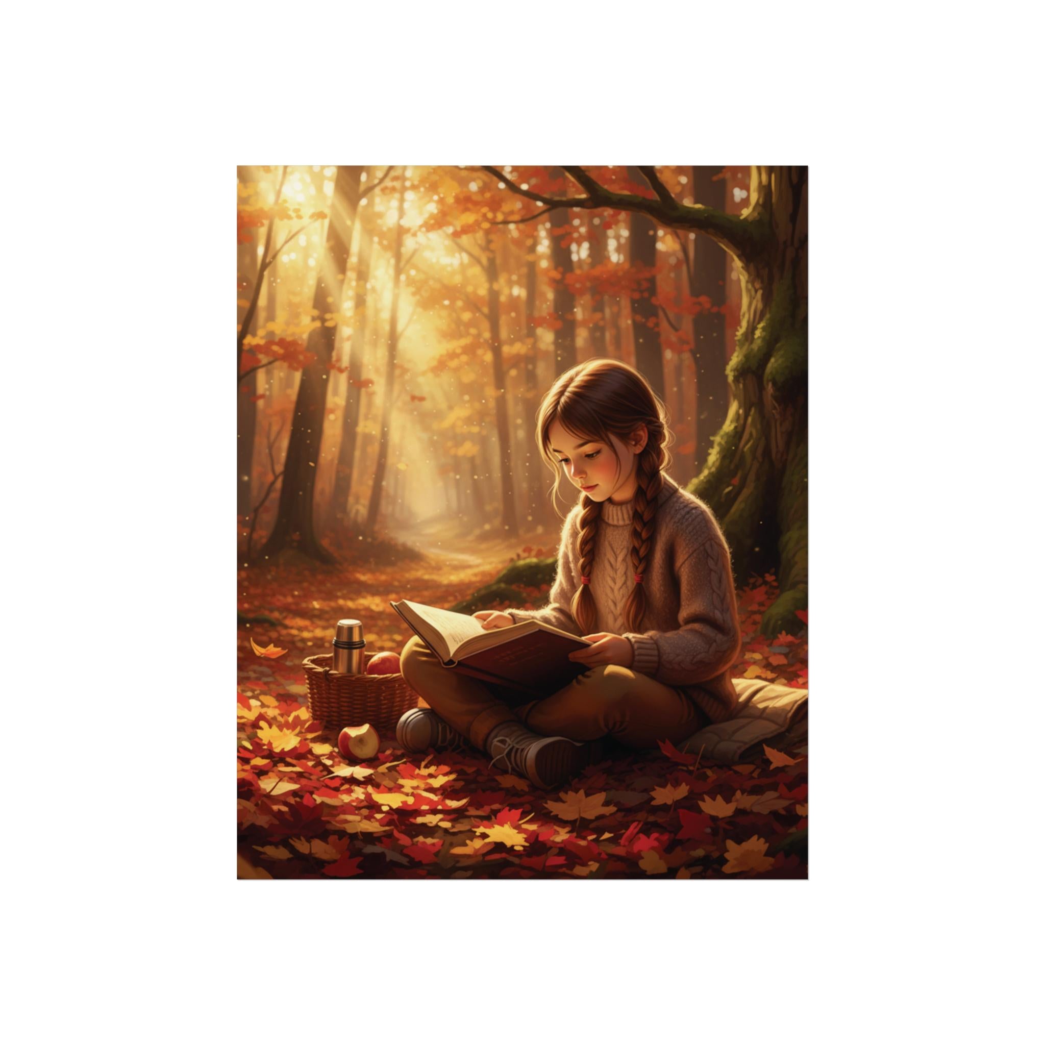 Girl Reading in Autumn Forest Poster | Fall Bookish Wall Art