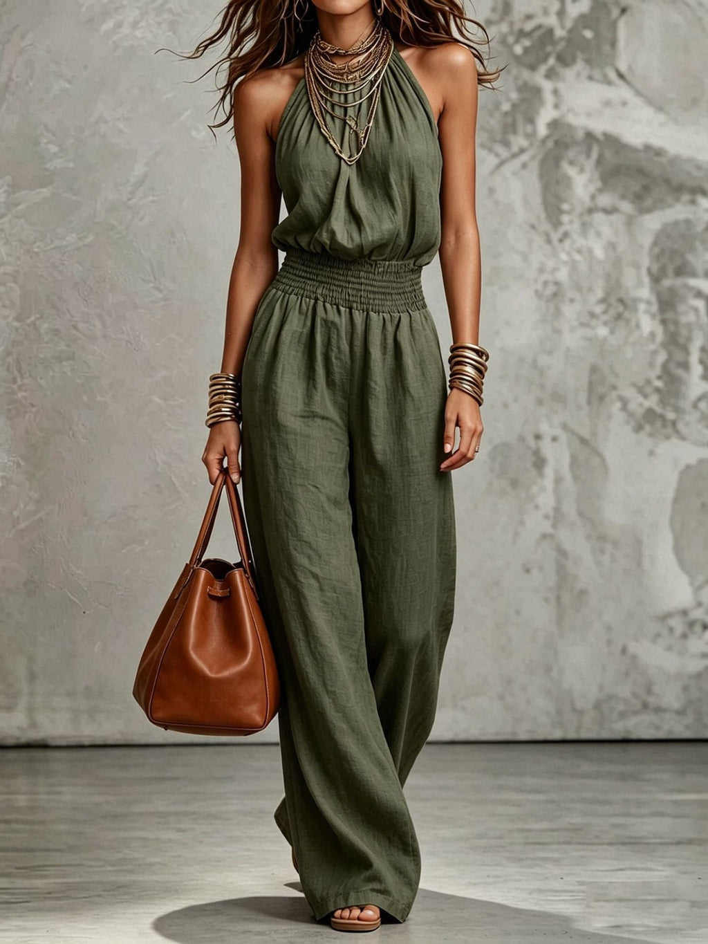 Womens Sleeveless Backless Cinched Waist Lace-up Halter Wide-leg Jumpsuit-AURA REGALIA 