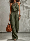 Womens Sleeveless Backless Cinched Waist Lace-up Halter Wide-leg Jumpsuit-AURA REGALIA 