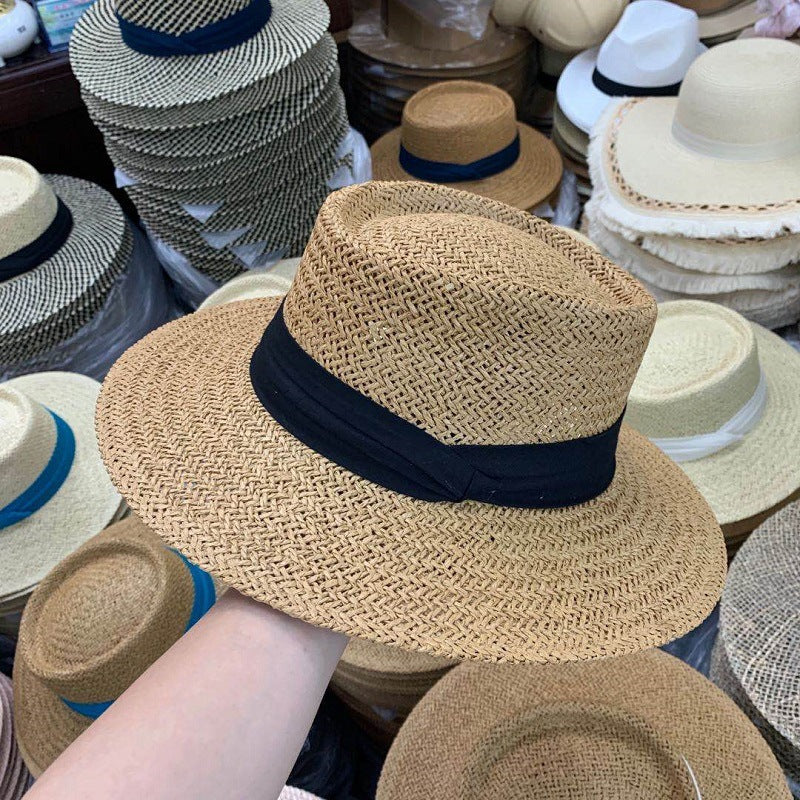 Summer Hat Flat Straw Hat Female Raffia Straw Hat Beach Vacation Sun Shade Sun Hat Fisherman Hat Net Red-AURA REGALIA 