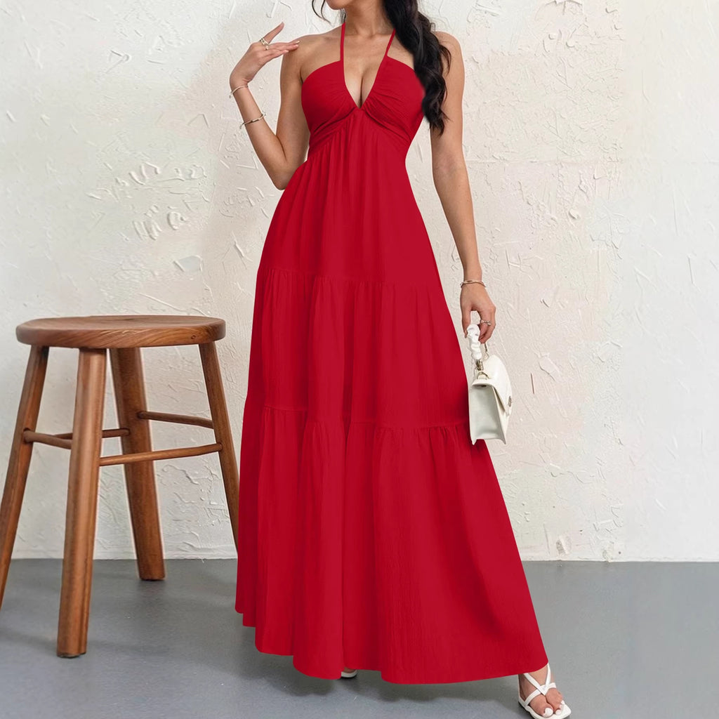 Backless Halterneck V-Neck Pleated A- Line Dress Women's Clothing One-Piece Dress Ankle-length Skirt For Beach Vacation Outfits-AURA REGALIA 