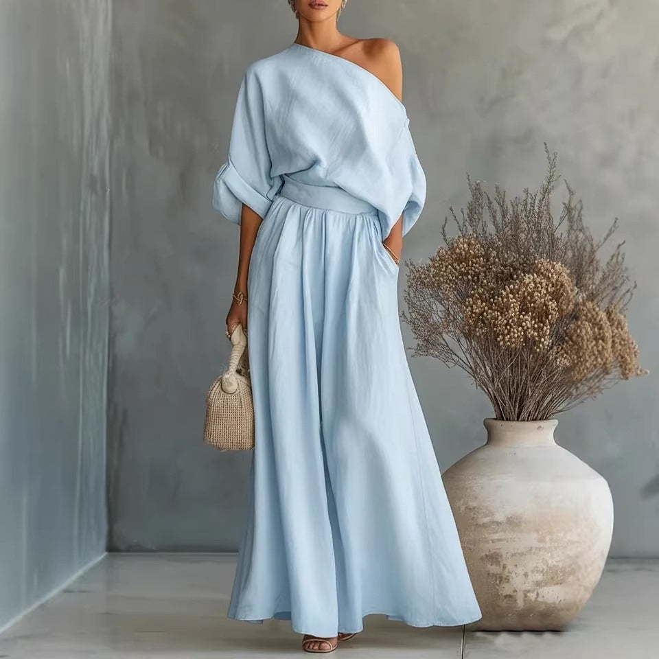Cropped Off-shoulder Top And Pants Two-piece Set-AURA REGALIA 