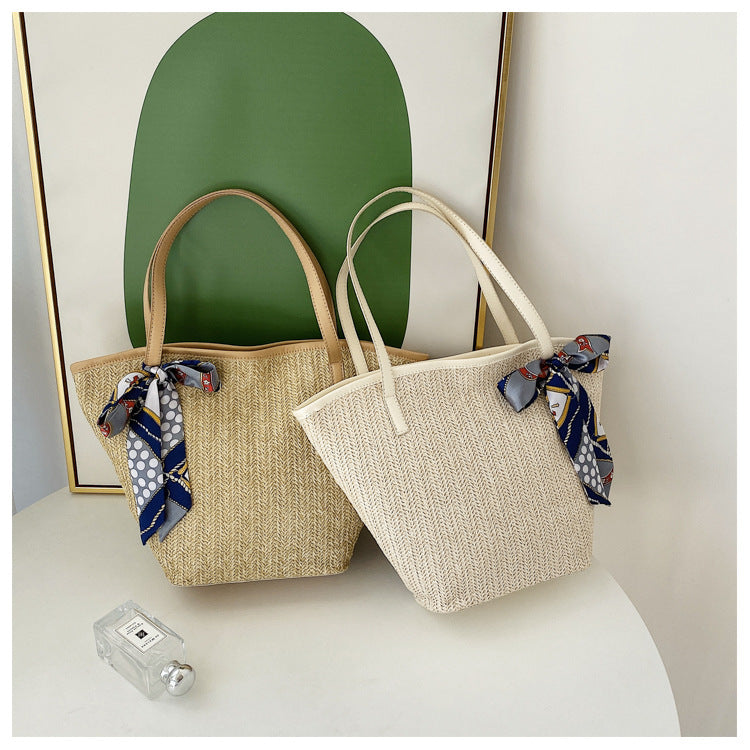 Summer Hand Held Large Capacity Straw Bag Retro Silk Scarf Woven Bag Beach Tote Bag One-Shoulder Wild Vegetable Basket Bag