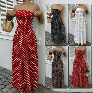 Elegant Polka-dot Off-shoulder Dresses Solid Color Strapless Lady High-waist Robe Commuting Party Business Beach Holiday Outfit-AURA REGALIA 