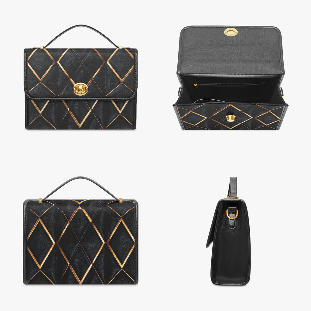 Art Deco Geometric Crossbody Bag – Black PU Leather-AURA REGALIA 