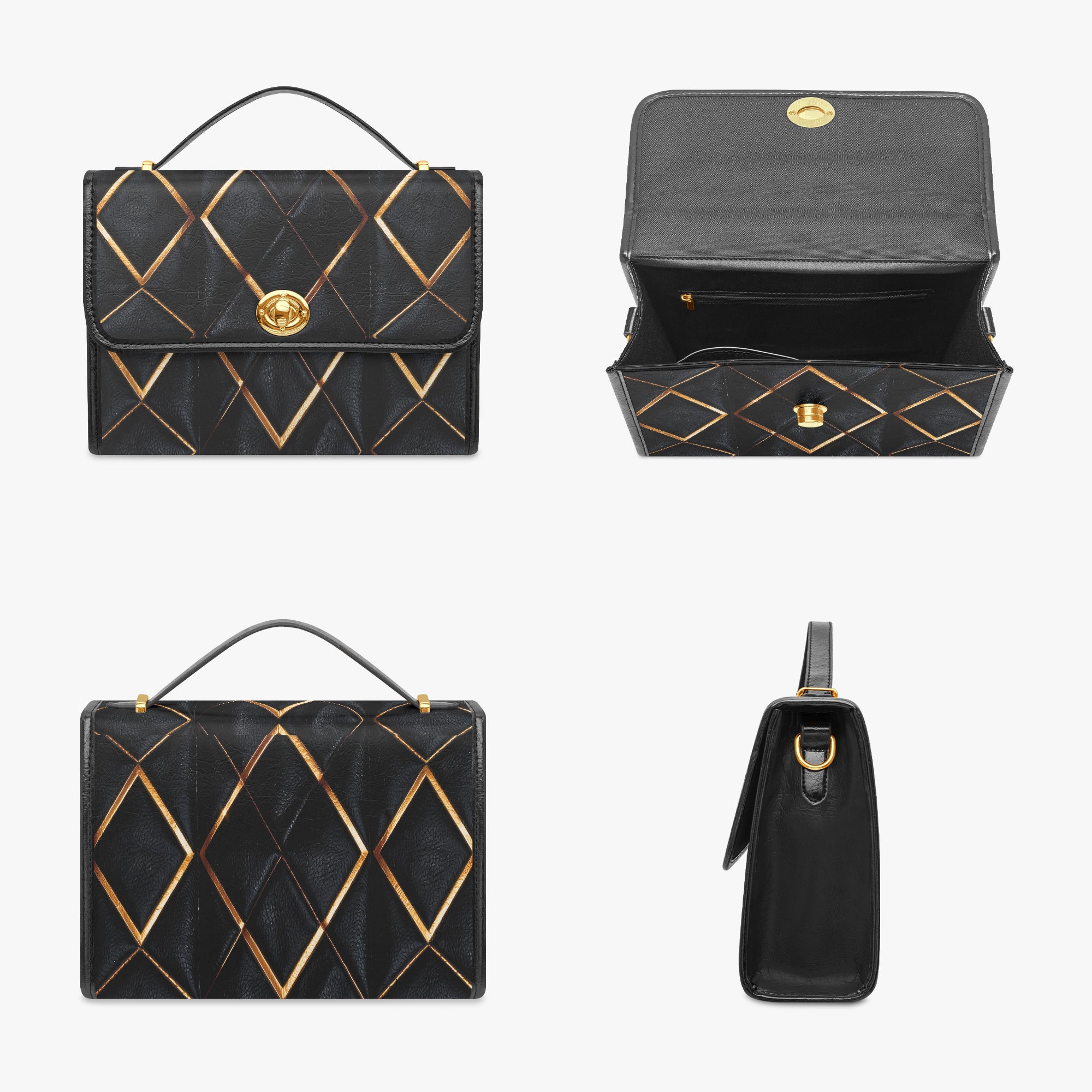 Art Deco Geometric Crossbody Bag – Black PU Leather-AURA REGALIA 