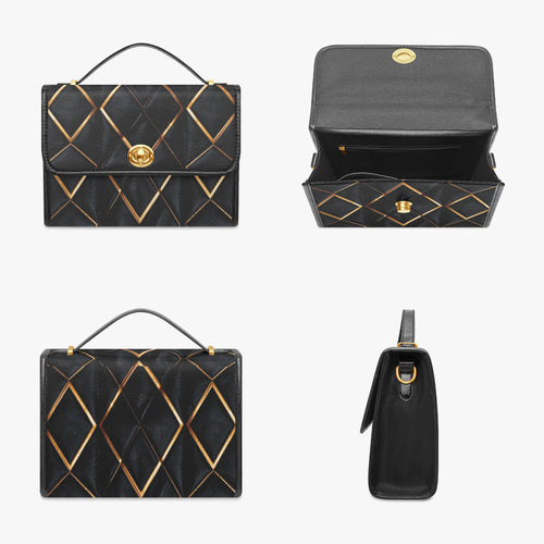 Art Deco Geometric Crossbody Bag – Black PU Leather-AURA REGALIA 