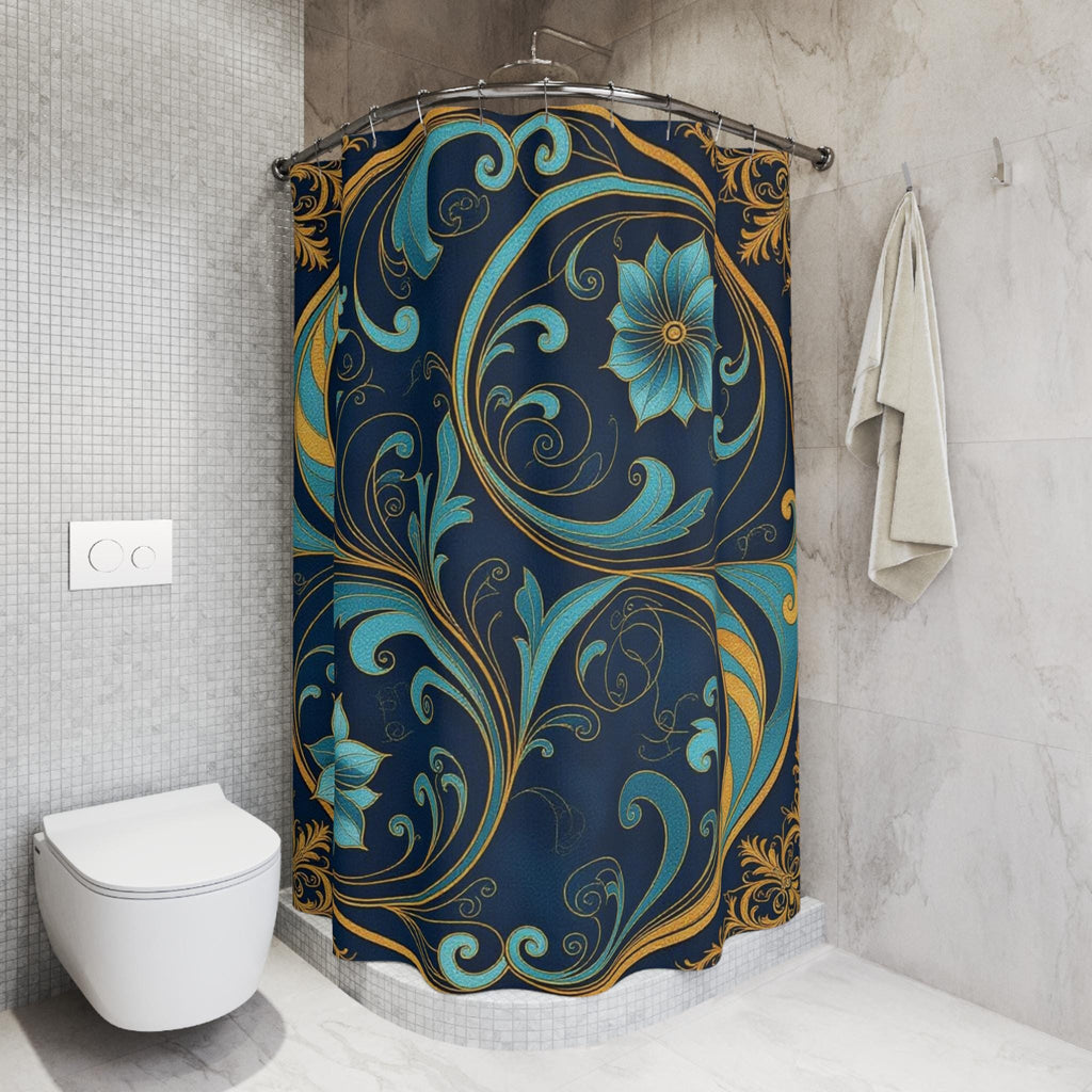Teal Gold Floral Scroll Shower Curtain | Navy Botanical Bathroom Decor