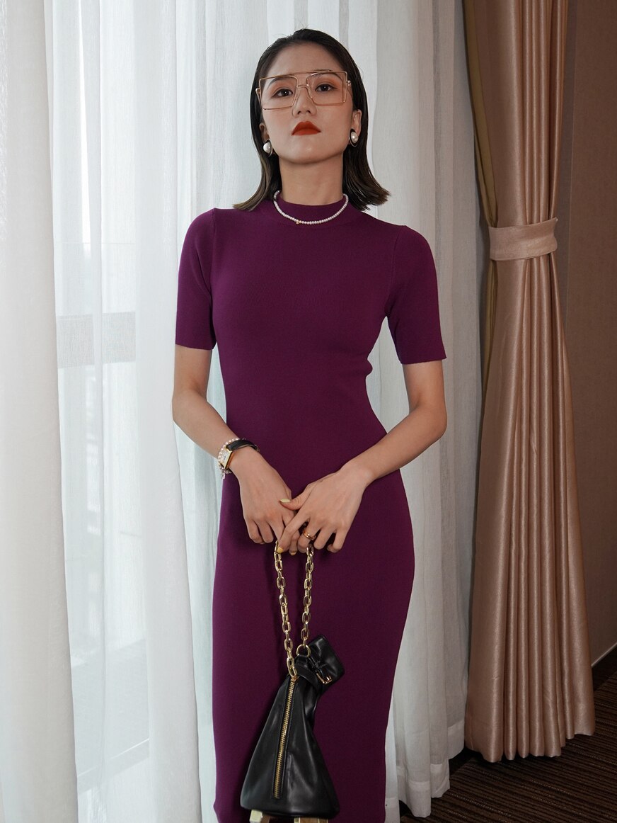 Vestidos de punto suaves de alta calidad, coreanos, de cuello medio vuelto, de manga corta, vintage, básicos y entallados para mujer