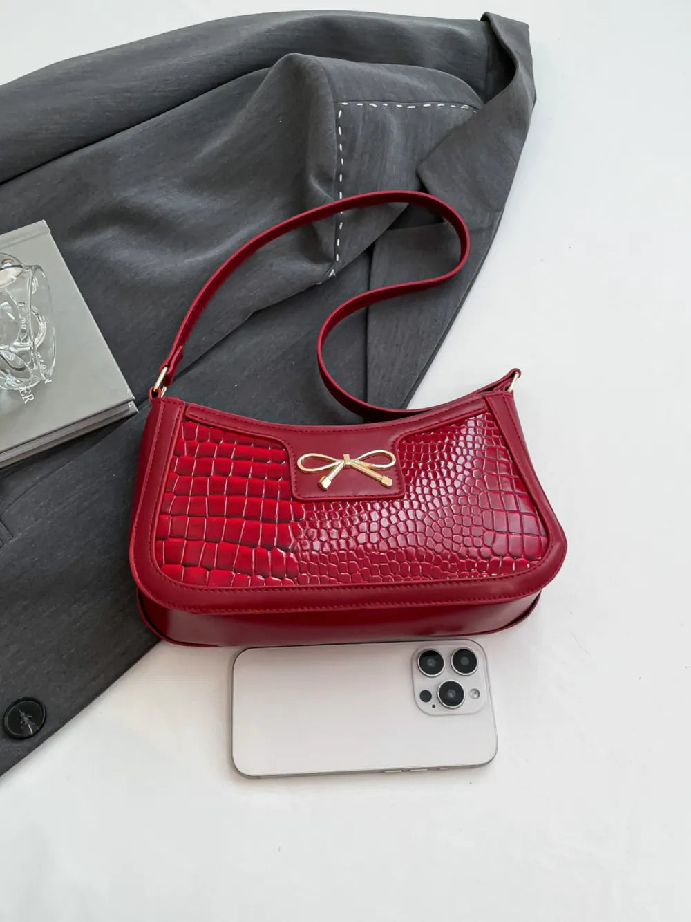 Bow PU Leather Shoulder Bag-AURA REGALIA 