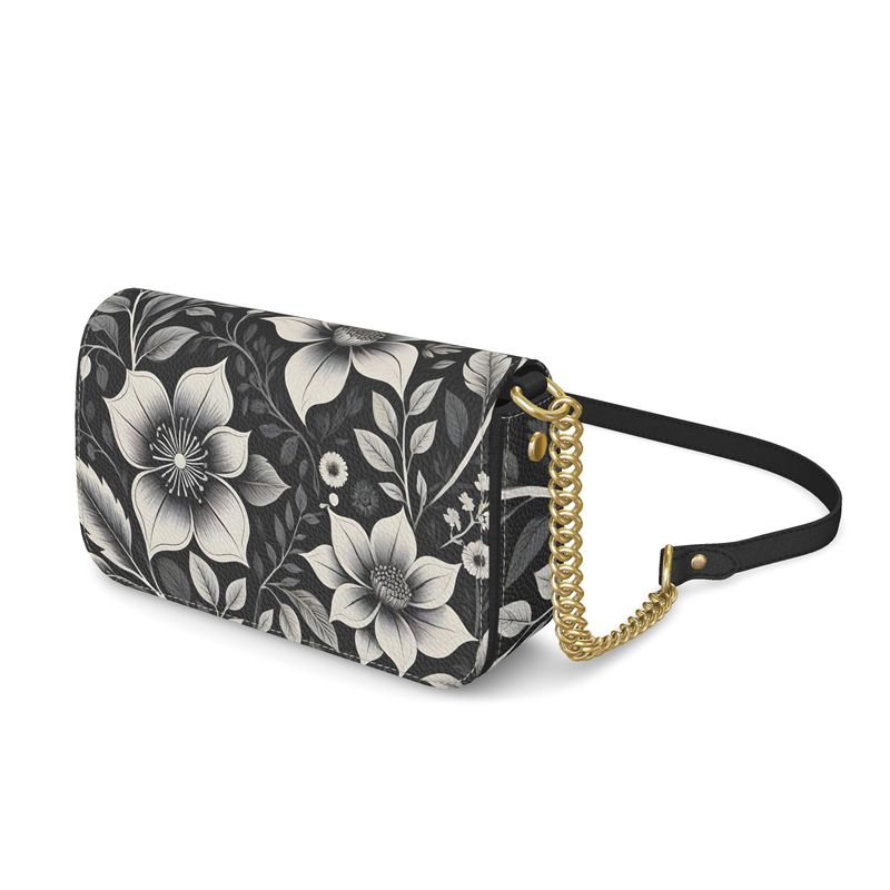 Noir Floral Shoulder Bag — Black & White Botanical Print with Gold Cha-AURA REGALIA 