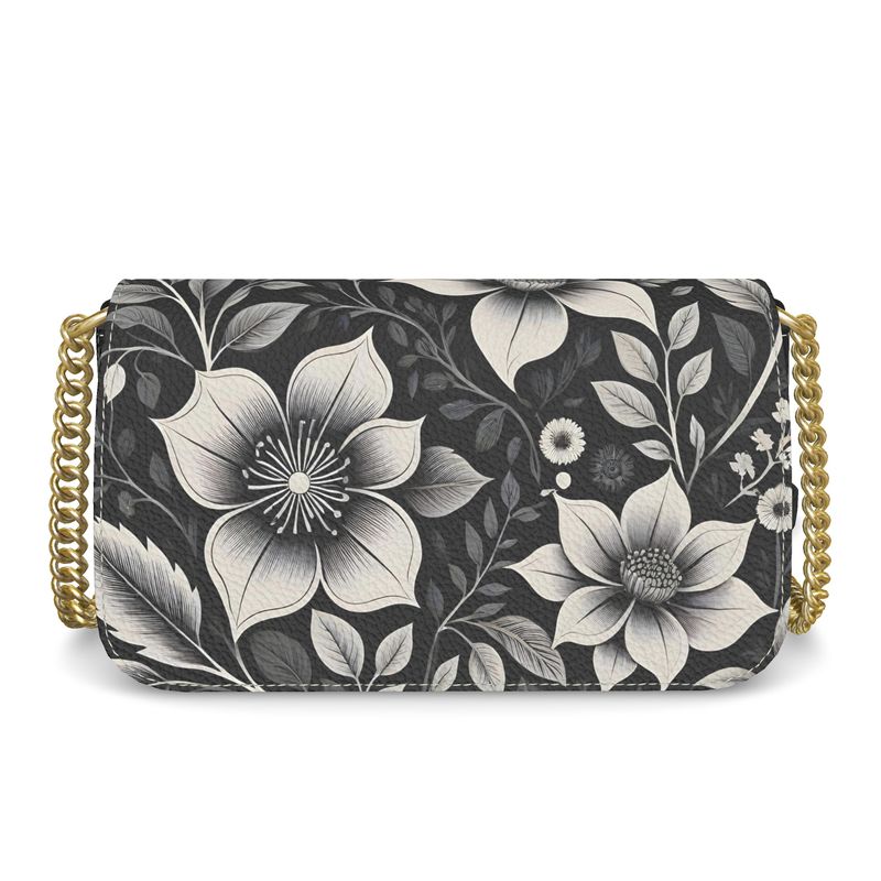 Noir Floral Shoulder Bag — Black & White Botanical Print with Gold Cha-AURA REGALIA 
