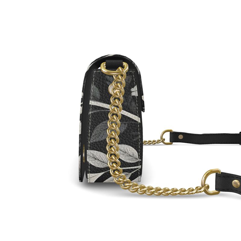Noir Floral Shoulder Bag — Black & White Botanical Print with Gold Cha-AURA REGALIA 