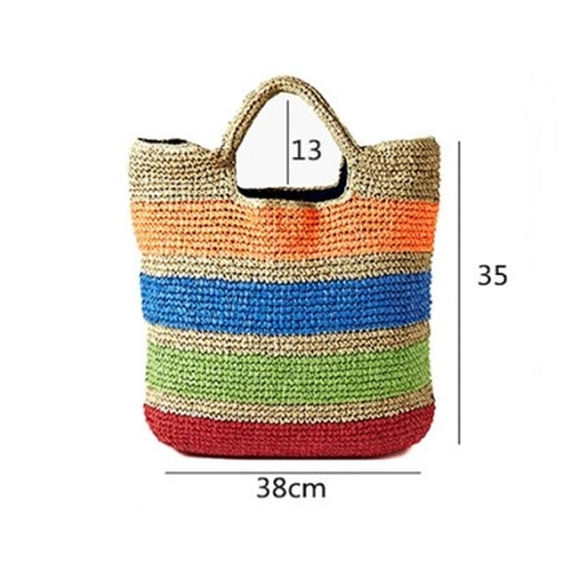 Crochet Summer Beach Bags Colorful Straw Bag Tasselled Women Travel Handmade Handbags girl tote bag-AURA REGALIA 