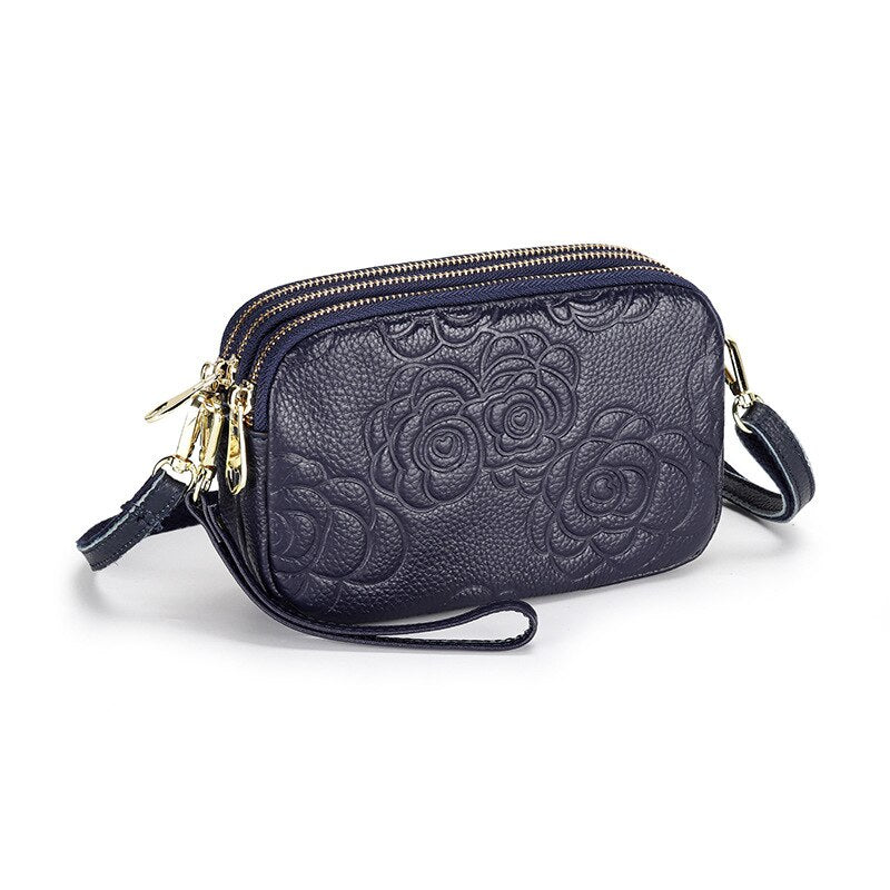 Trend Camellia Genuine Leather Messenger Bag Woman Crossbody Bag Cell Phone Bag Luxury Handbags Women Bags Designer Shoulder Bag-AURA REGALIA 