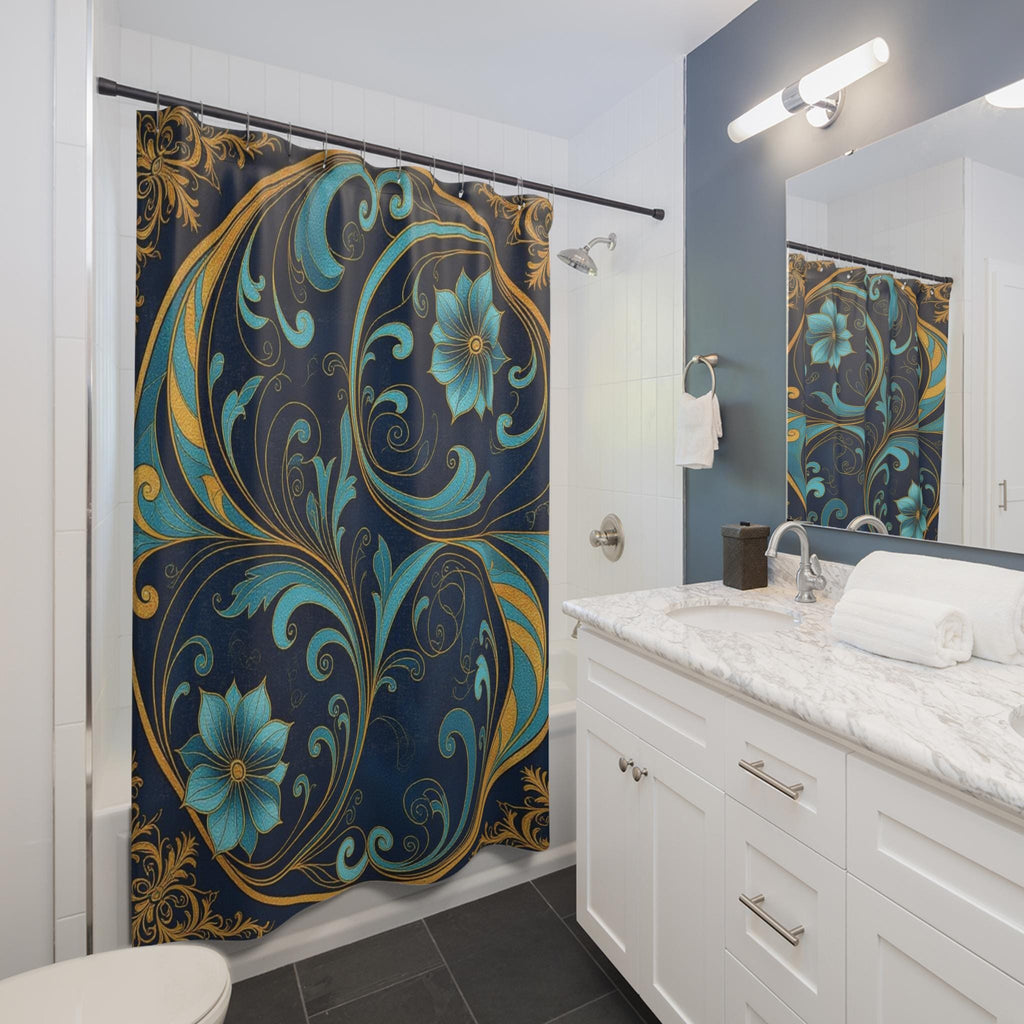 Teal Gold Floral Scroll Shower Curtain | Navy Botanical Bathroom Decor