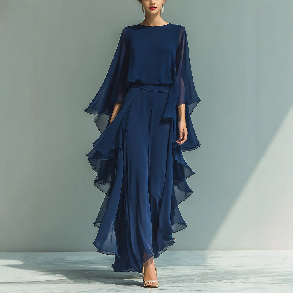 Deep Blue Ruffle Wide-Leg Pants Set for Women, Fashion Elegant Two-Piece Long Sleeve Casual Pants