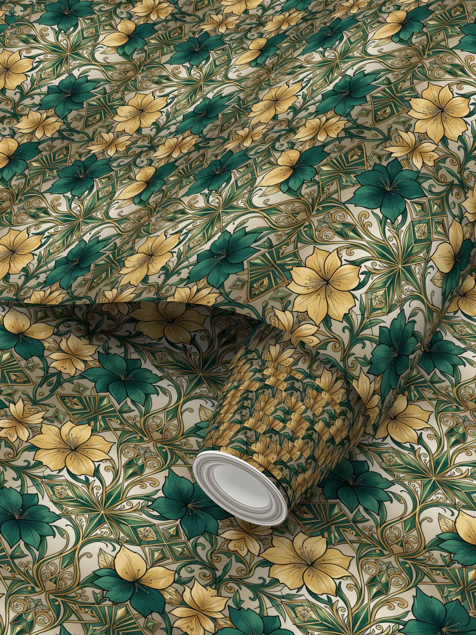 Green and Gold Repeat Pattern Wallpaper