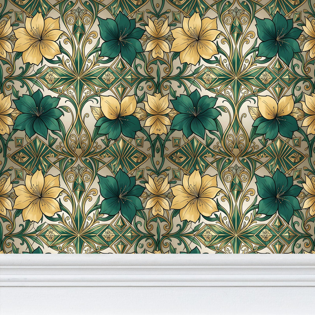 Green and Gold Repeat Pattern Wallpaper
