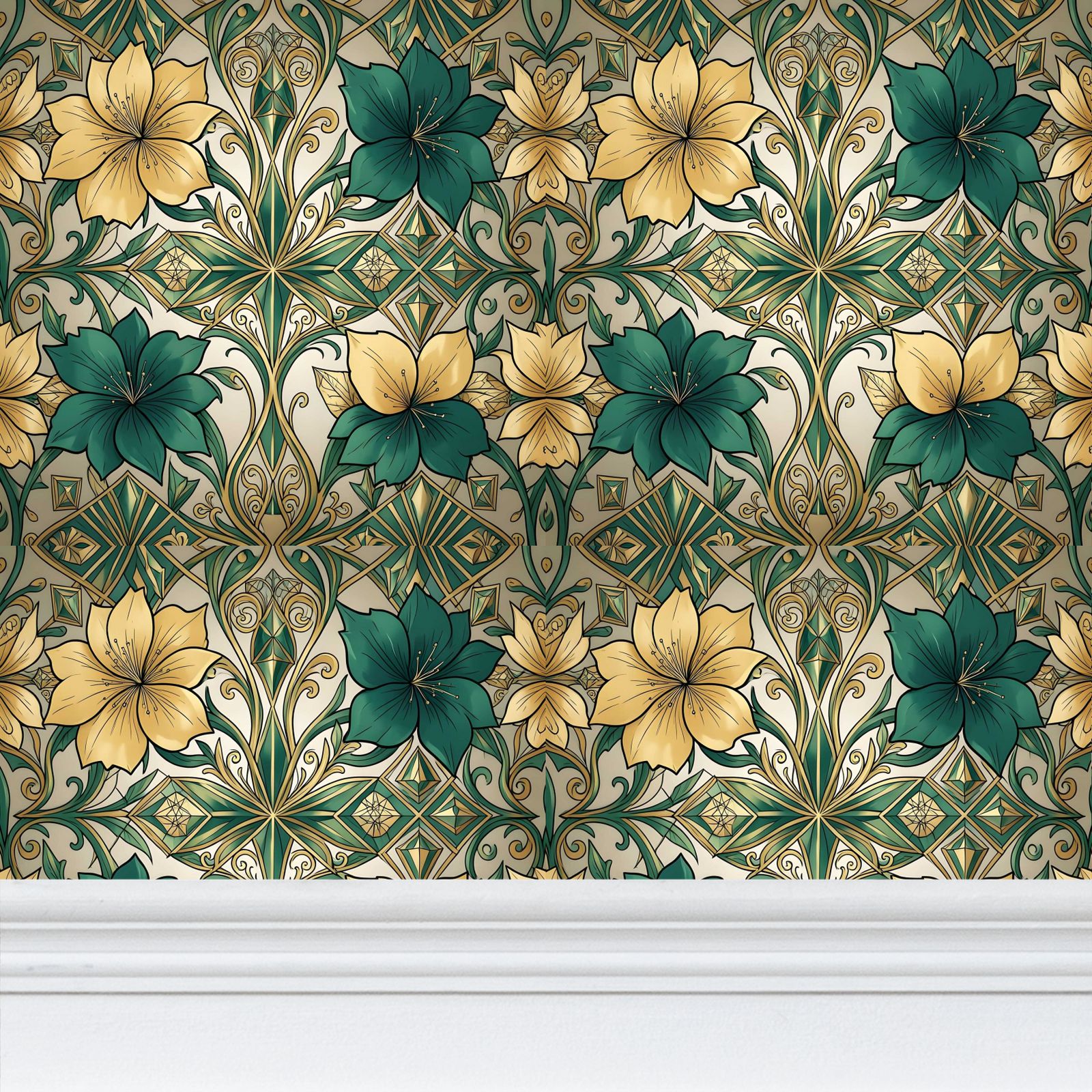 Green and Gold Repeat Pattern Wallpaper