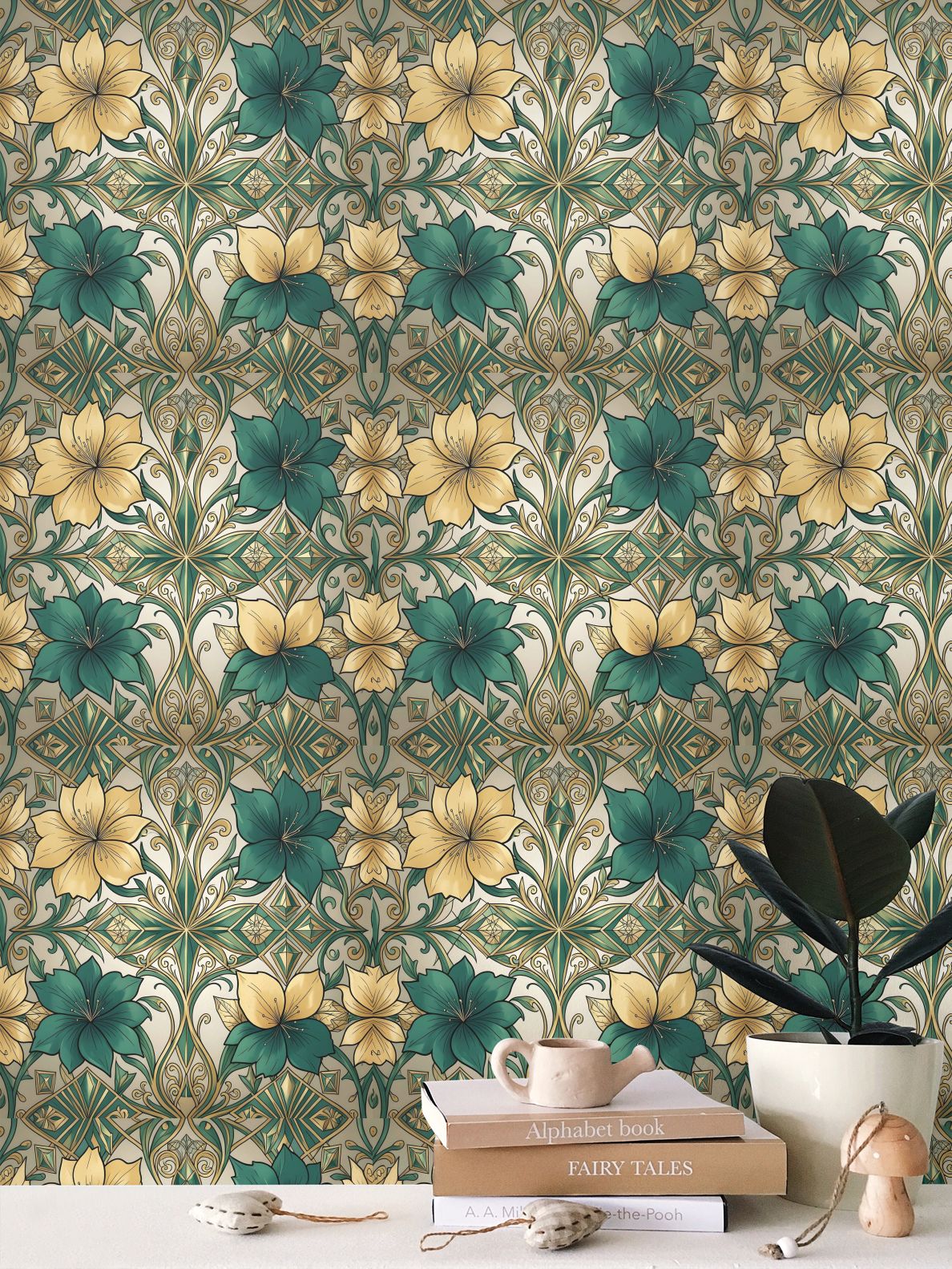 Green and Gold Repeat Pattern Wallpaper