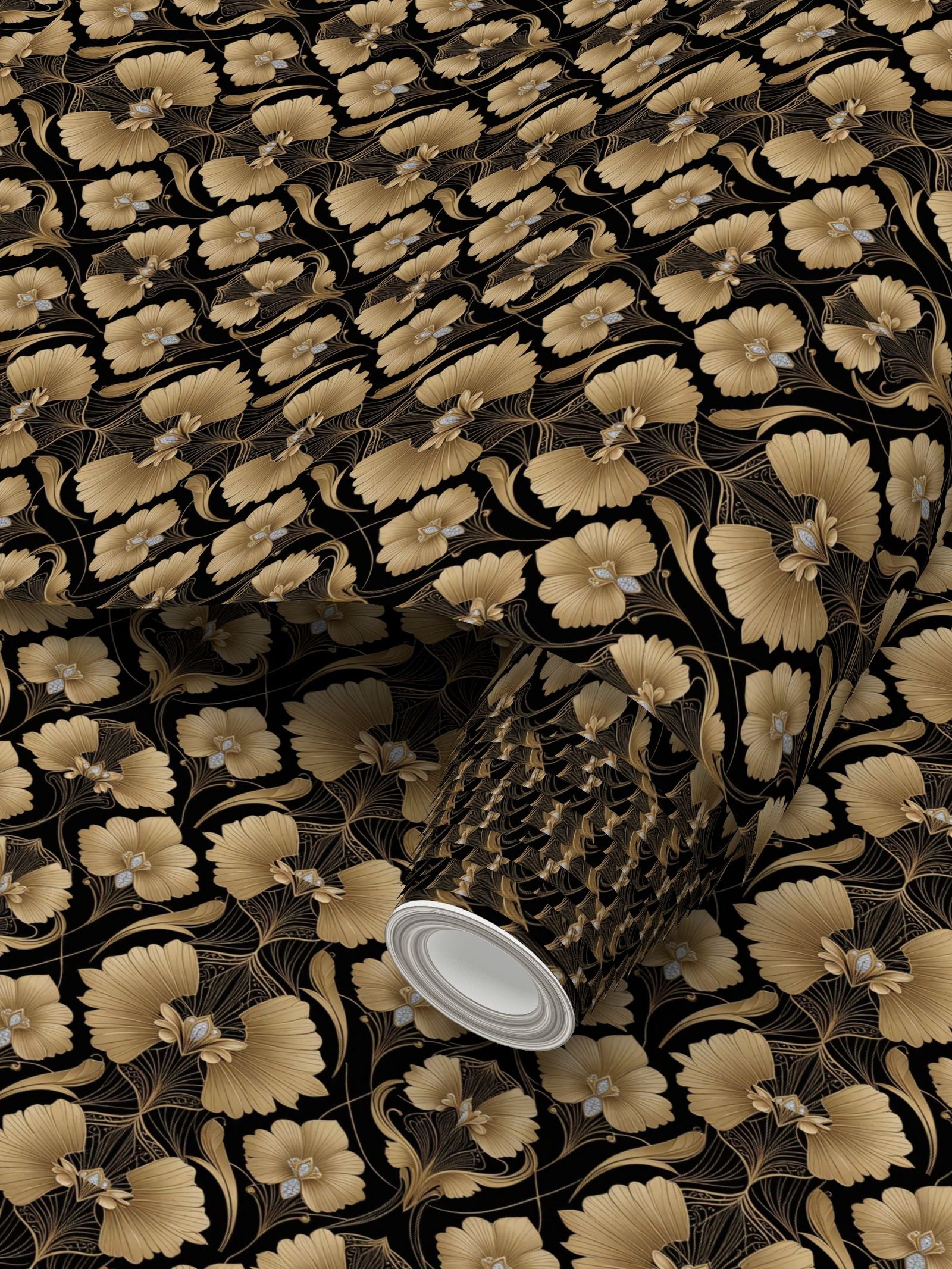 Black and gold fan Repeat Pattern Wallpaper