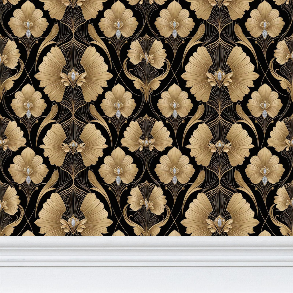 Black and gold fan Repeat Pattern Wallpaper
