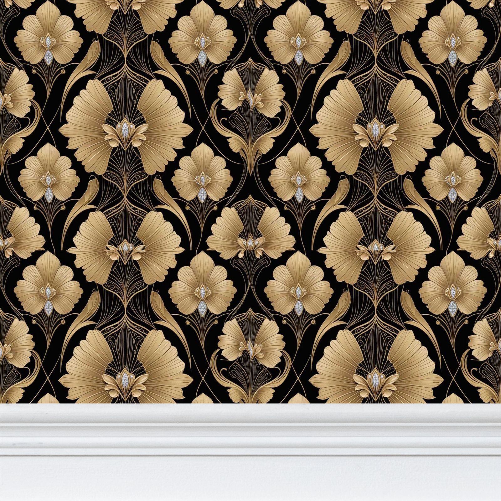 Black and gold fan Repeat Pattern Wallpaper