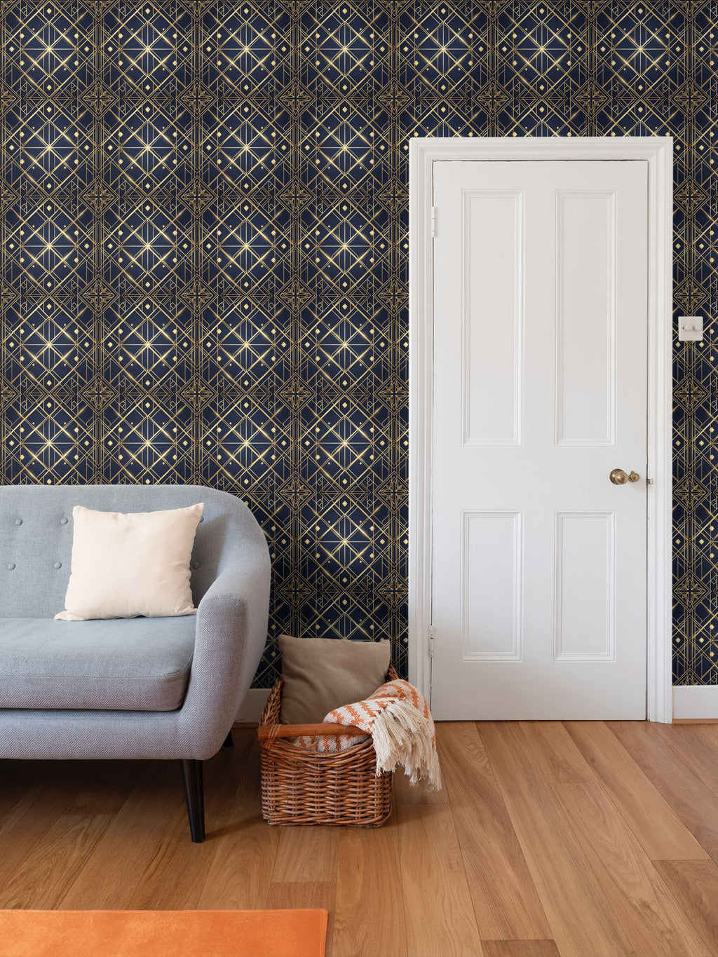 Navy and blue Art Deco Repeat Pattern Wallpaper | Aura Regalia