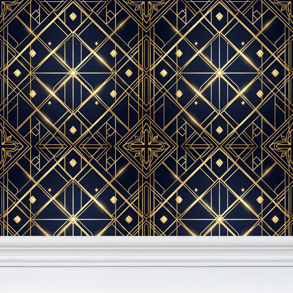 Navy and blue Art Deco Repeat Pattern Wallpaper | Aura Regalia