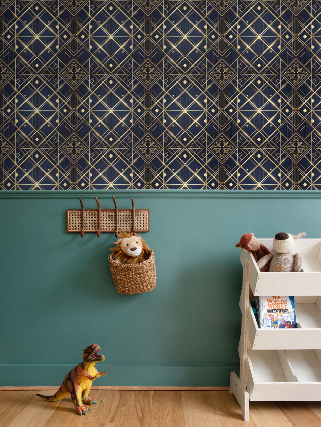 Navy and blue Art Deco Repeat Pattern Wallpaper | Aura Regalia