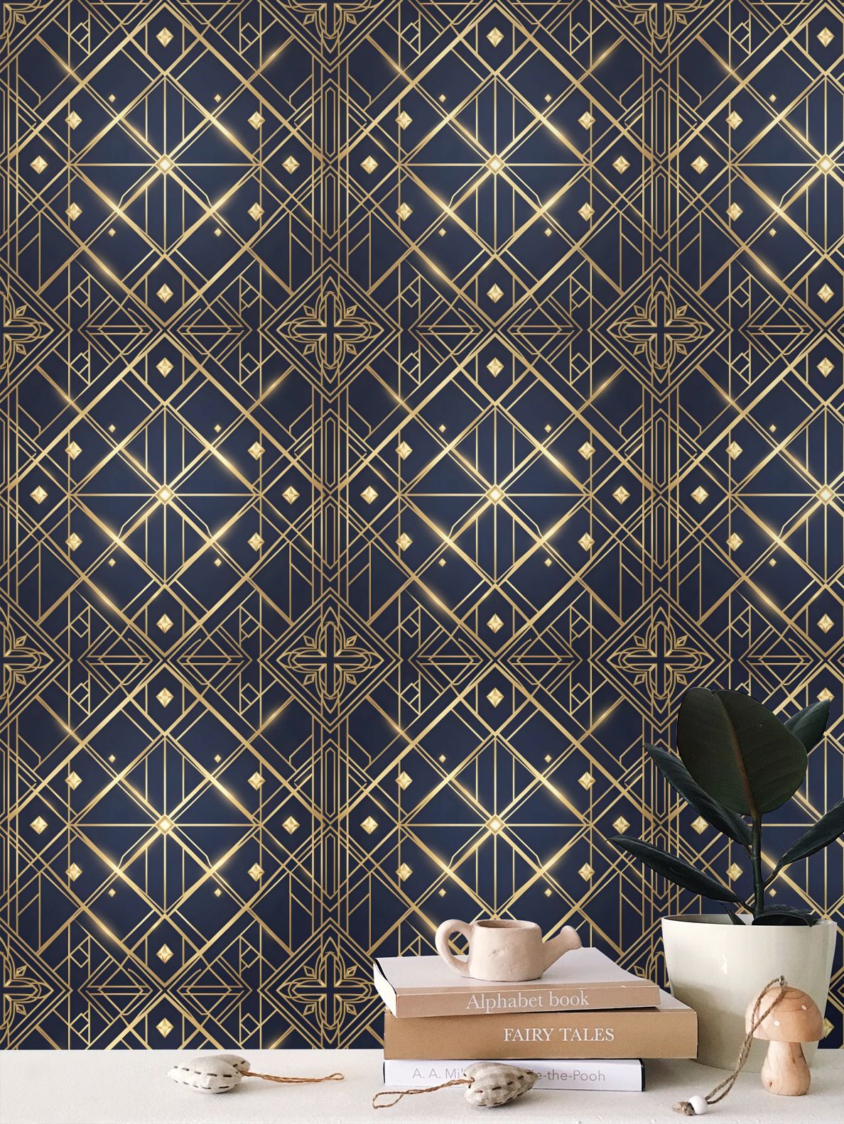 Navy and blue Art Deco Repeat Pattern Wallpaper | Aura Regalia