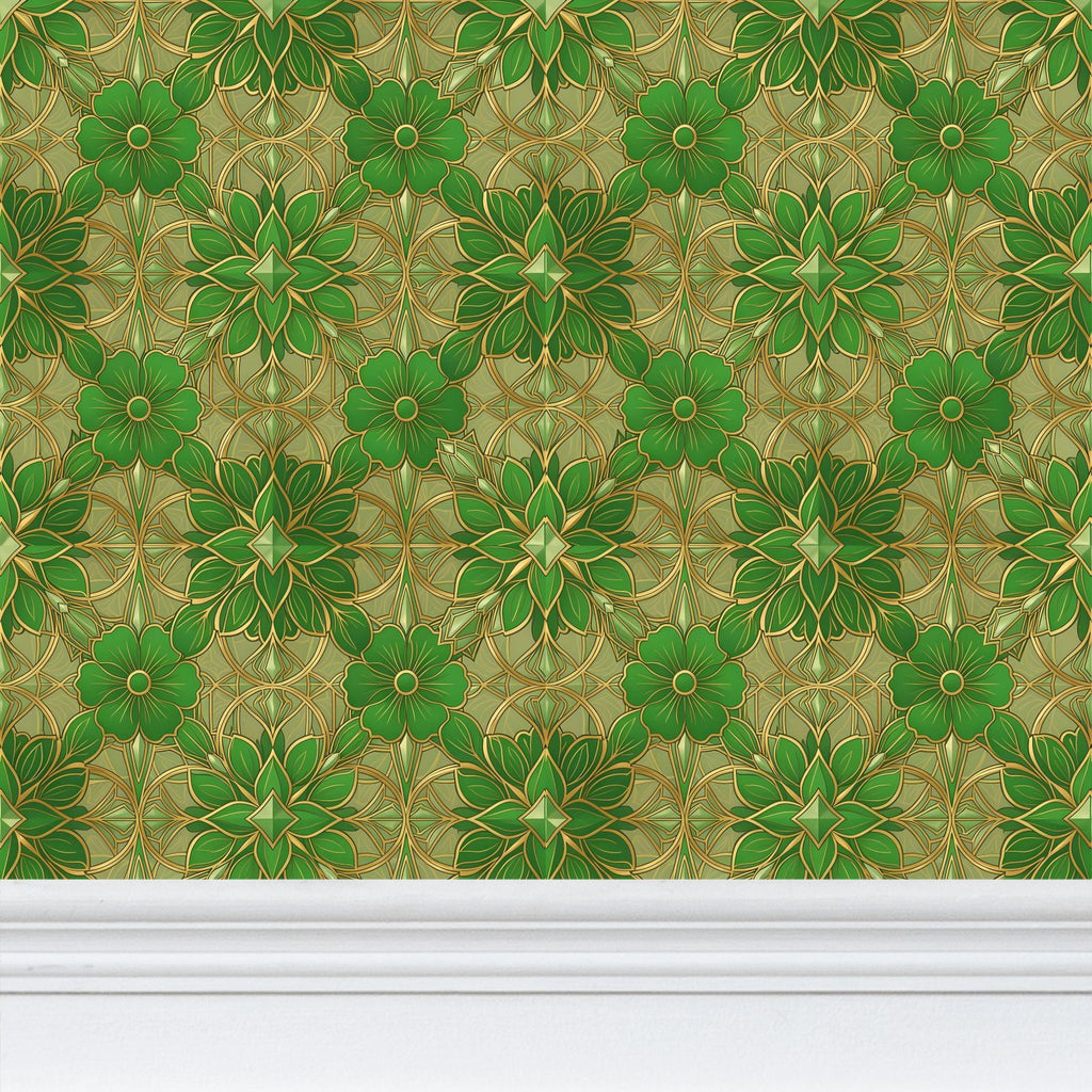 Green and Gold Art Nouveau Repeat Pattern Wallpaper | Aura Regalia