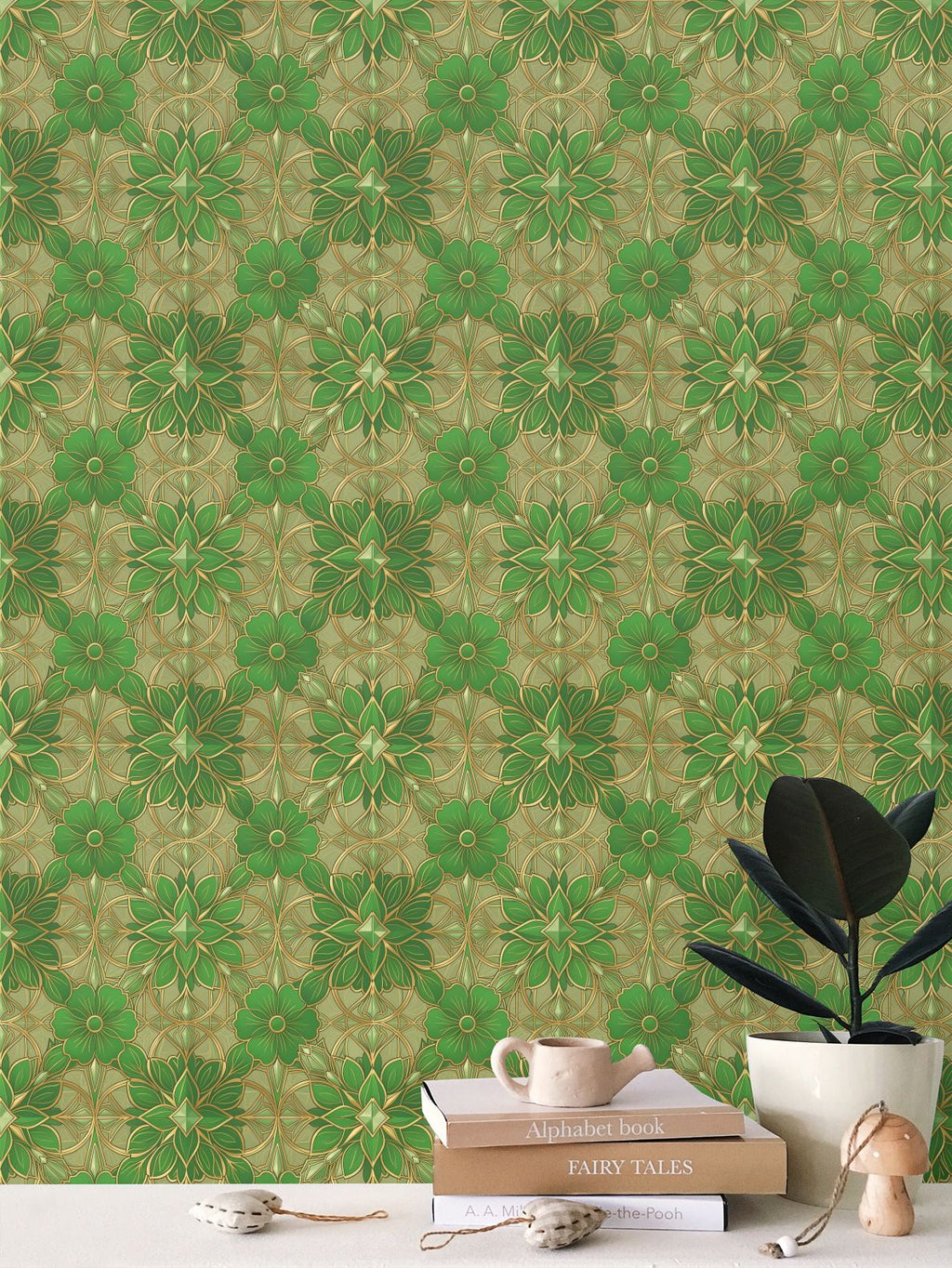 Green and Gold Art Nouveau Repeat Pattern Wallpaper | Aura Regalia