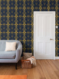 Art Deco Navy and gold Repeat Pattern Wallpaper | Aura Regalia