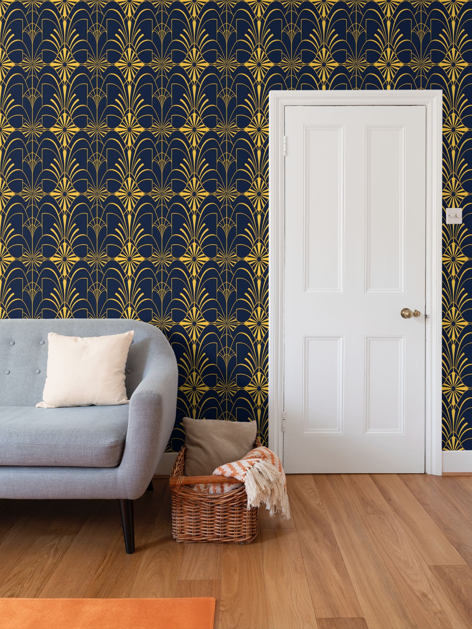 Art Deco Navy and gold Repeat Pattern Wallpaper | Aura Regalia