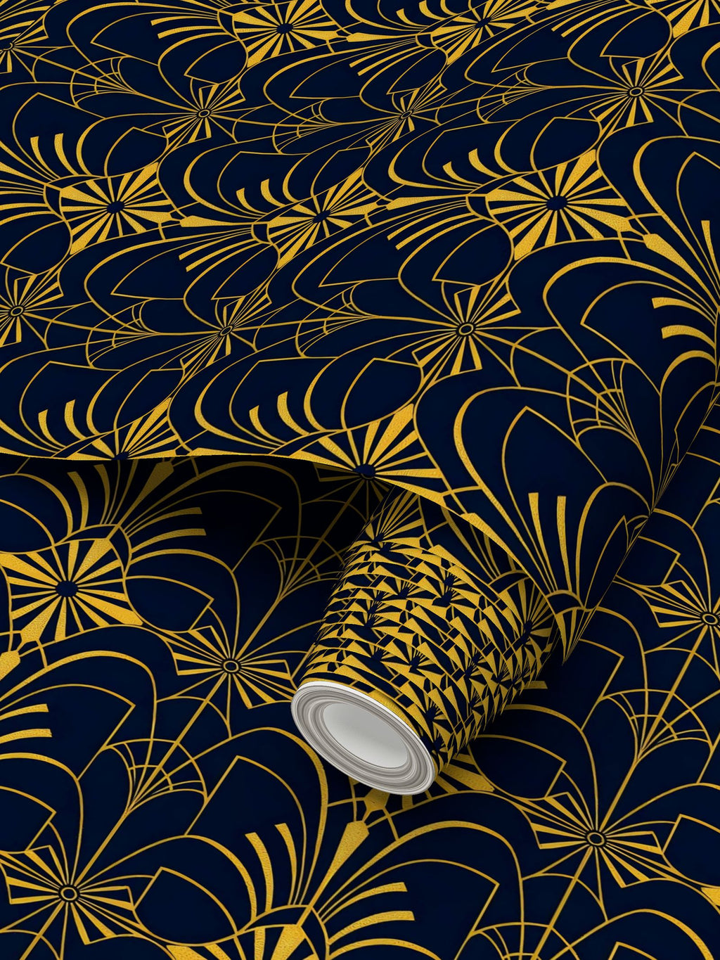Art Deco Navy and gold Repeat Pattern Wallpaper | Aura Regalia