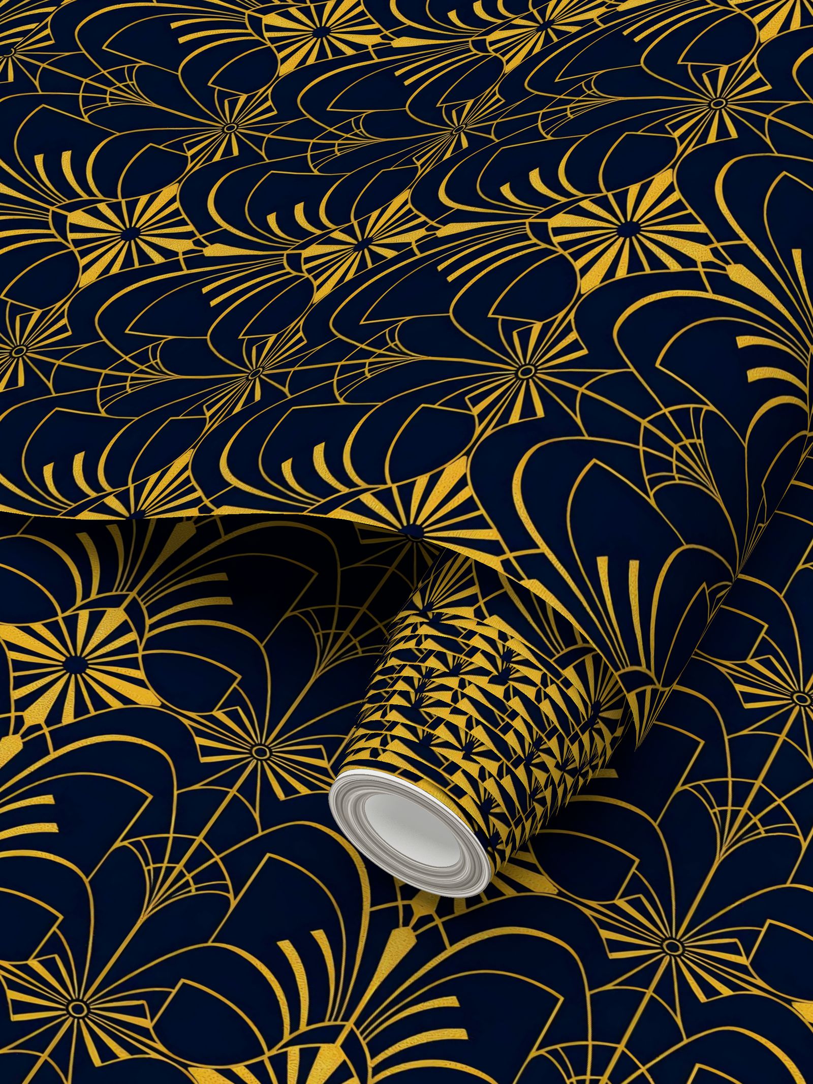 Art Deco Navy and gold Repeat Pattern Wallpaper | Aura Regalia