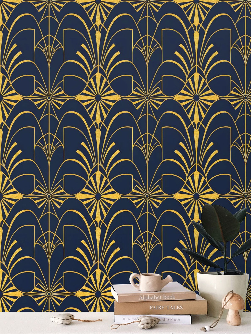Art Deco Navy and gold Repeat Pattern Wallpaper | Aura Regalia