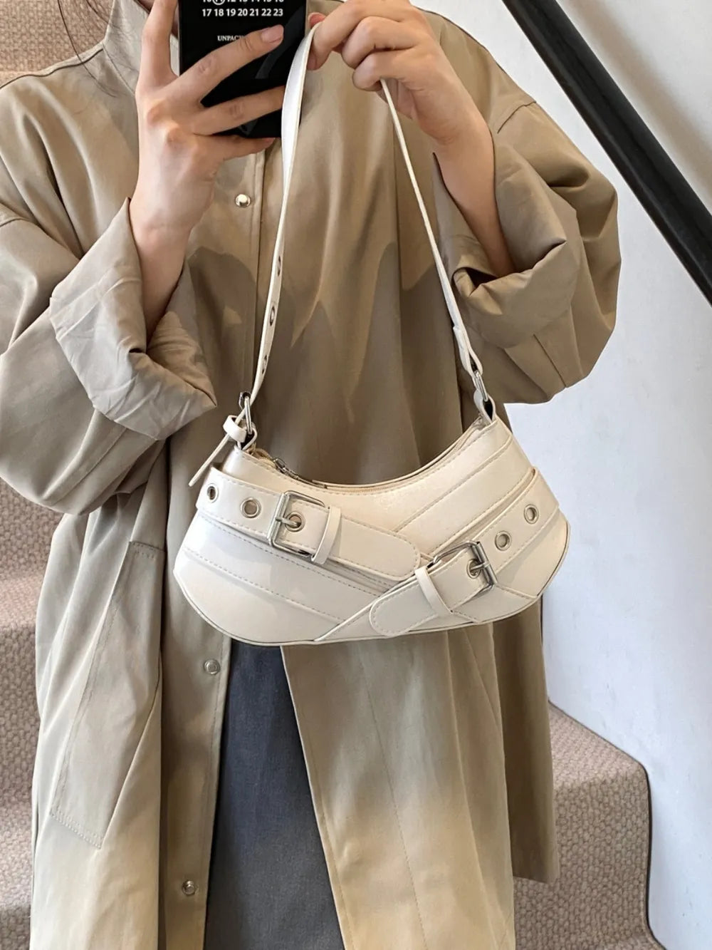 PU Leather Buckle Shoulder Bag-AURA REGALIA 