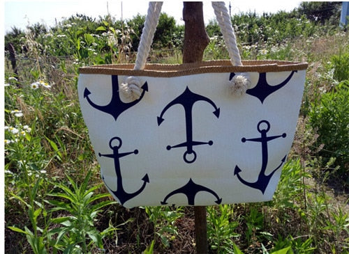 Women Large Capacity Summer Bag Hemp Rope Straw Weave Printed Anchor Canvas Bag Shopping Big Tote Beach Bag