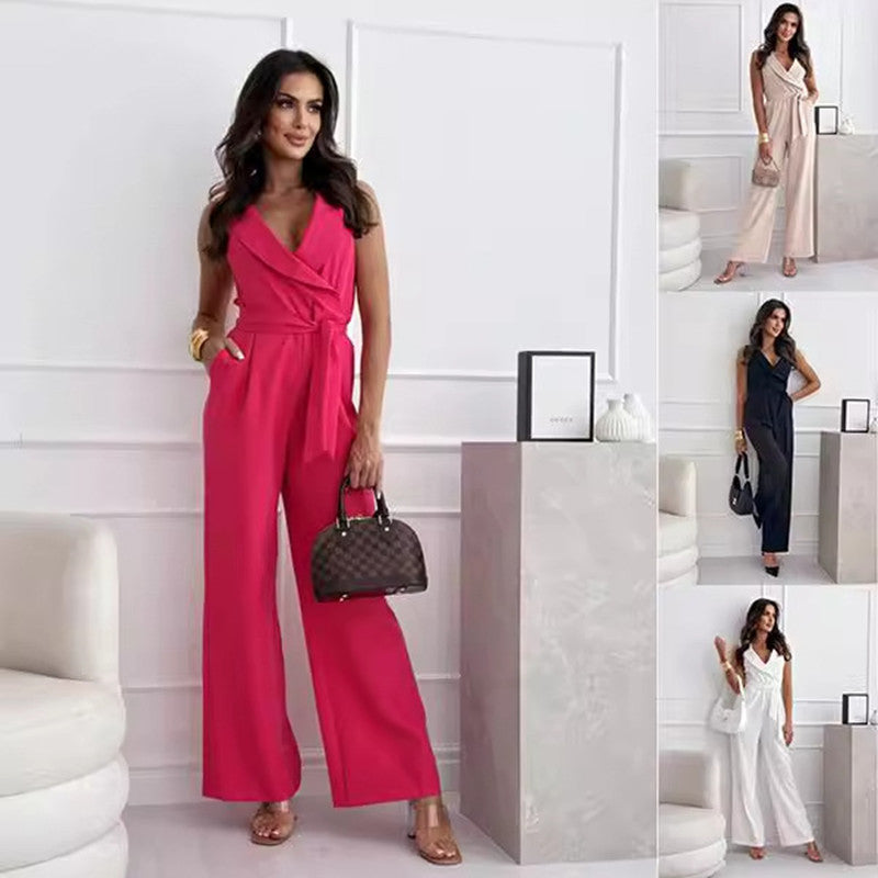 V-neck Sleeveless Jumpsuit With Belt Design Summer Fashion Trousers Women's Clothing-AURA REGALIA 